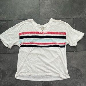 Sheer White Cropped Tee with Red, Blue and Black Stripes